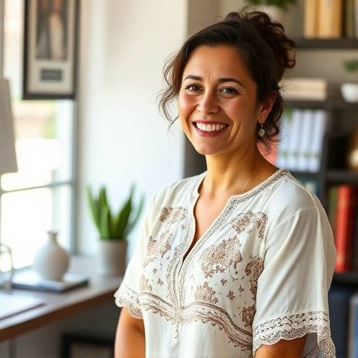 Foto de Ana Carolina Oliveira, fundadora e designer da Estilo Brasileiro Camisetas, sorrindo em seu escritório